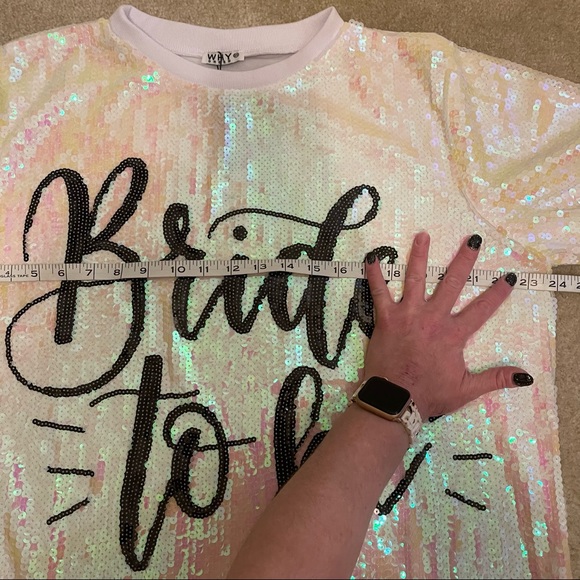 White Iridescent Sequin Trendy “Bride to Be” Short Sleeve Mini Dress One Size - Picture 12 of 12